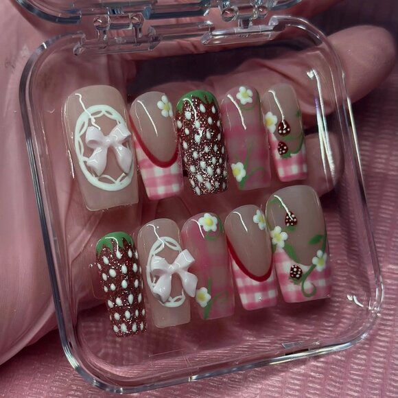 Hand-Painted Strawberry Shortcake Press On Nails: Long Square | Custom Sizing - Picture 1 of 5